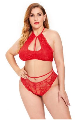Ensemble de lingerie érotique taille plus rouge, deux pièces sexy en dentelle