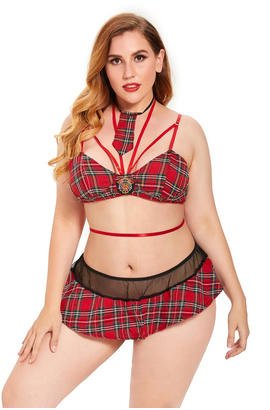 Ensemble de lingerie grande taille à carreaux rouges, étudiante en cosplay avec accessoires