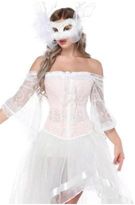Corset bustier rose et manches en maille blanche, épaules nues et bord volant