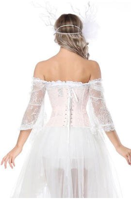 Corset bustier rose et manches en maille blanche, épaules nues et bord volant