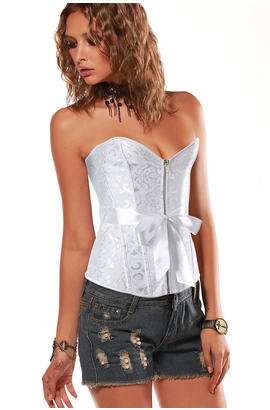 Corset de cour blanc bustier jacquard avec zip et bretelles en satin