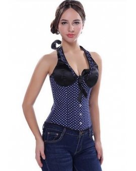 Corset licou en satin noir à pois