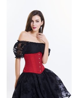 Corset rouge sous buste vintage en brocart avec baleines en acier et broderie florale en dentelle à l’arrière