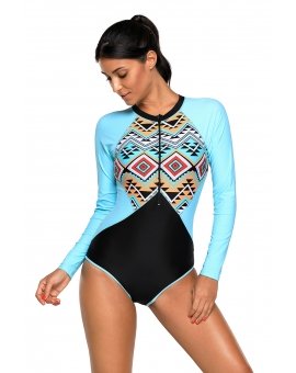 Nouveau maillot de bain rashguard bleu une pièce manches longues avec imprimé aztèque