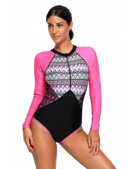 Maillot de bain rose sexy une pièce avec manches longues imprimé