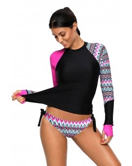 Maillot de bain tankini manches longues avec contrastes roses